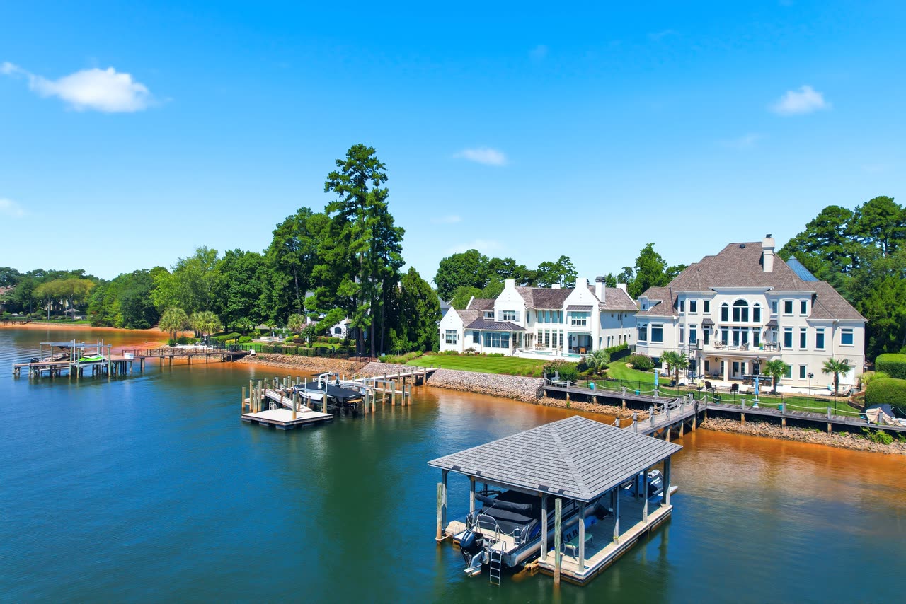 Shoreline and covered dock from the air