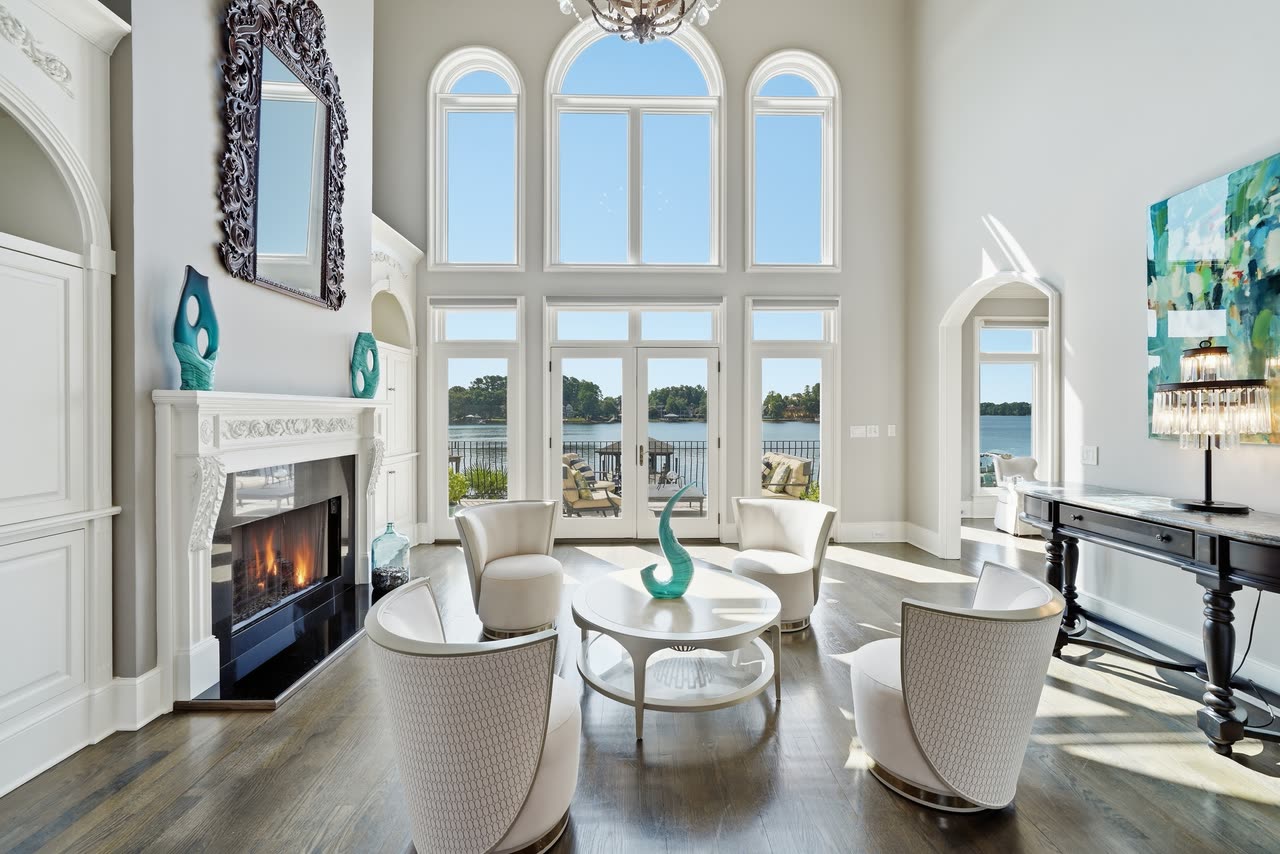 Great room and the two storey window wall